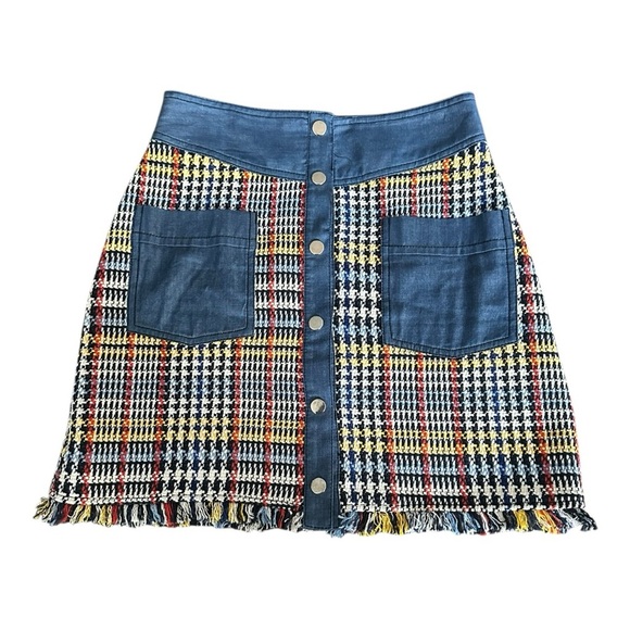 Zara Blue Multi Tweed Plaid Mini Skirt Pockets Snap Front Denim Colorful… - Picture 16 of 16